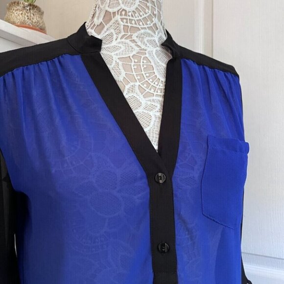 Blue & black blouse office work shirt - Picture 2 of 5